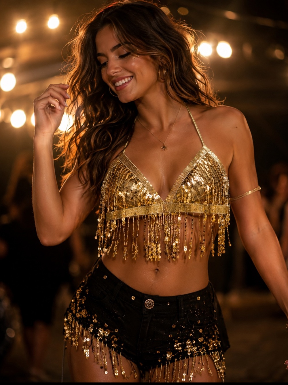Amazon Gold Sequin Fringe Halter Crop Top